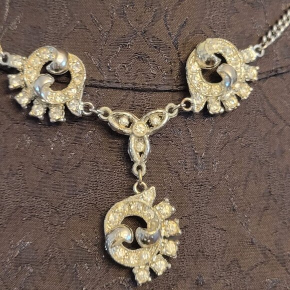 Vintage Rhinestone Crescent Pendant Necklace With Adjustable Chain - Picture 3 of 4